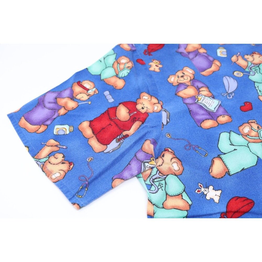 Apple Life Scrub Top Womens M Blue Bear Dr Nurse Print Medical Uniform Shirt VTG - Picture 9 of 11